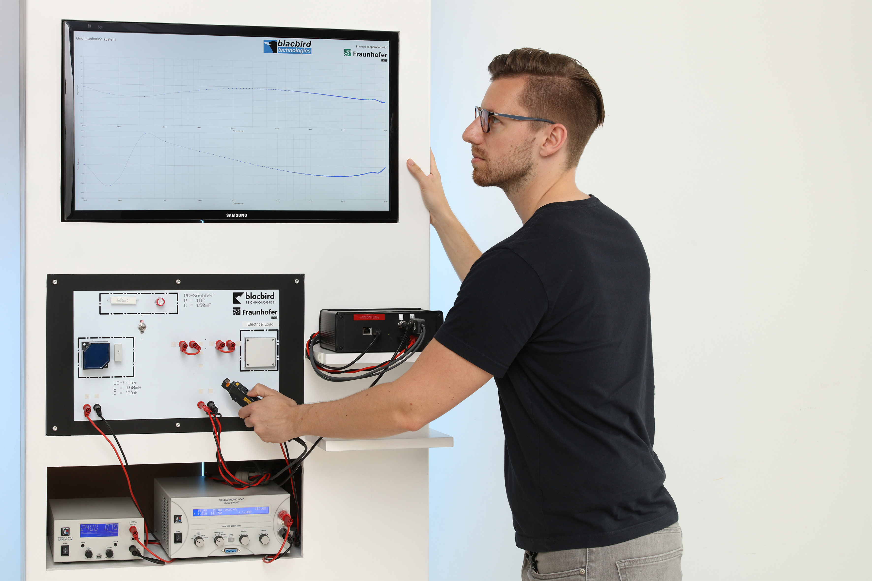 Demonstrator for the dynamic real-time analysis of power electronic components using novel measuring technology based on the injection of artificially generated noise signals, consisting of test network, measurement device, load and DC source.