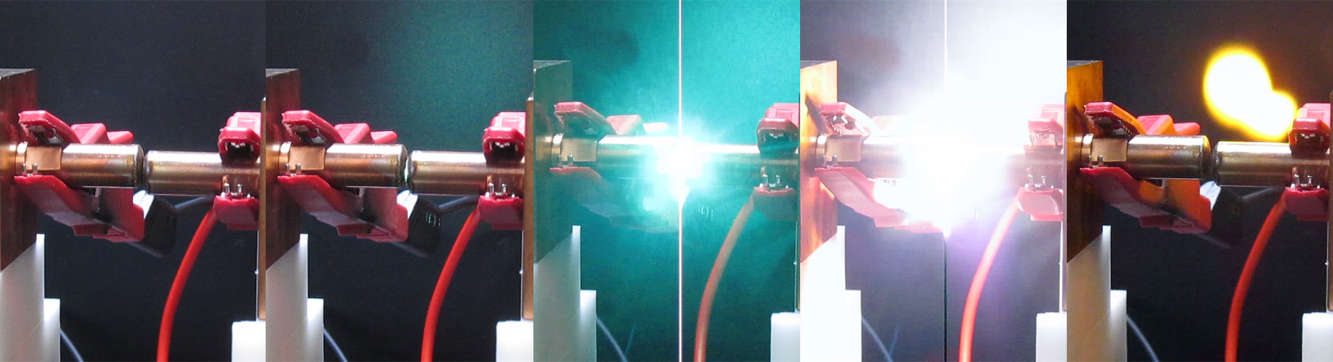 Picture series of an arc flash created at the Fraunhofer IISB arc fault test stand.