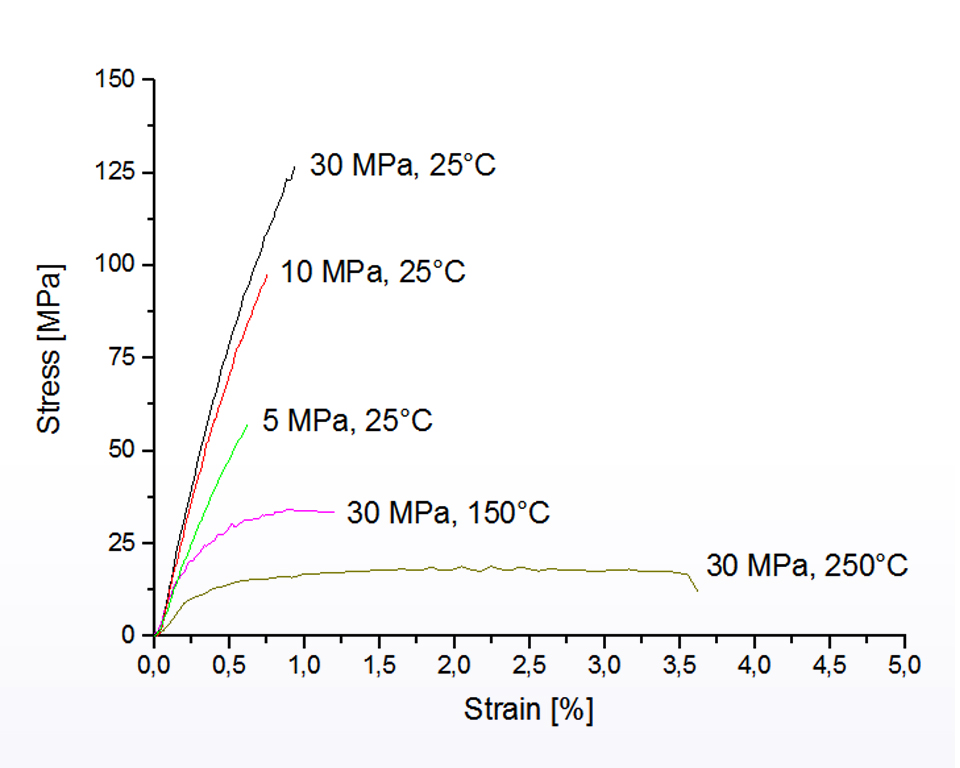 Mechanical behavior of silver-sintered dog bone in tensile test at different test temperatures and sintering pressures